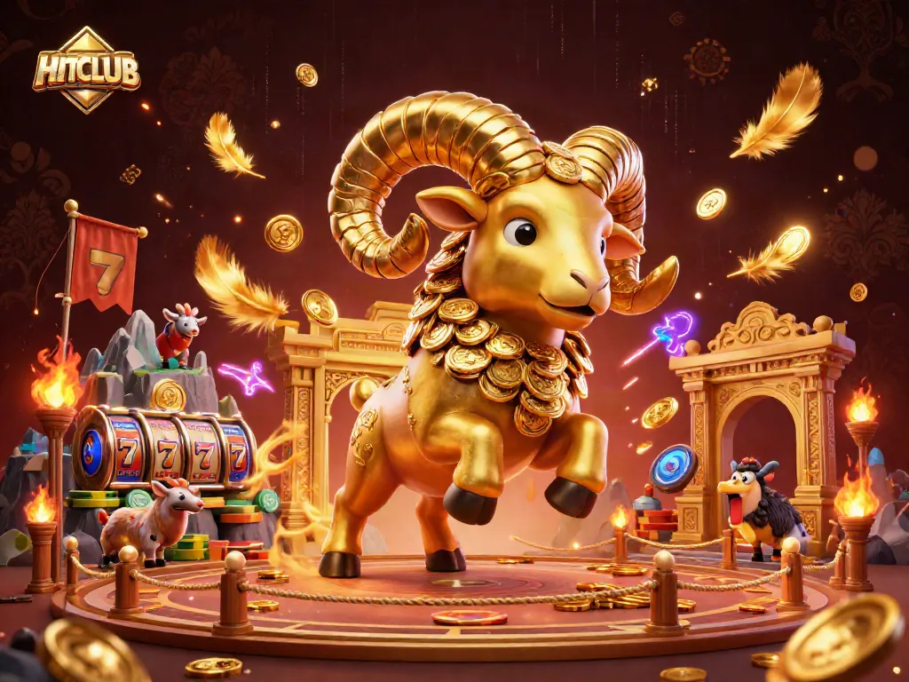 Experience the excitement of HITCLUB with golden ram charging through slots and jackpots.