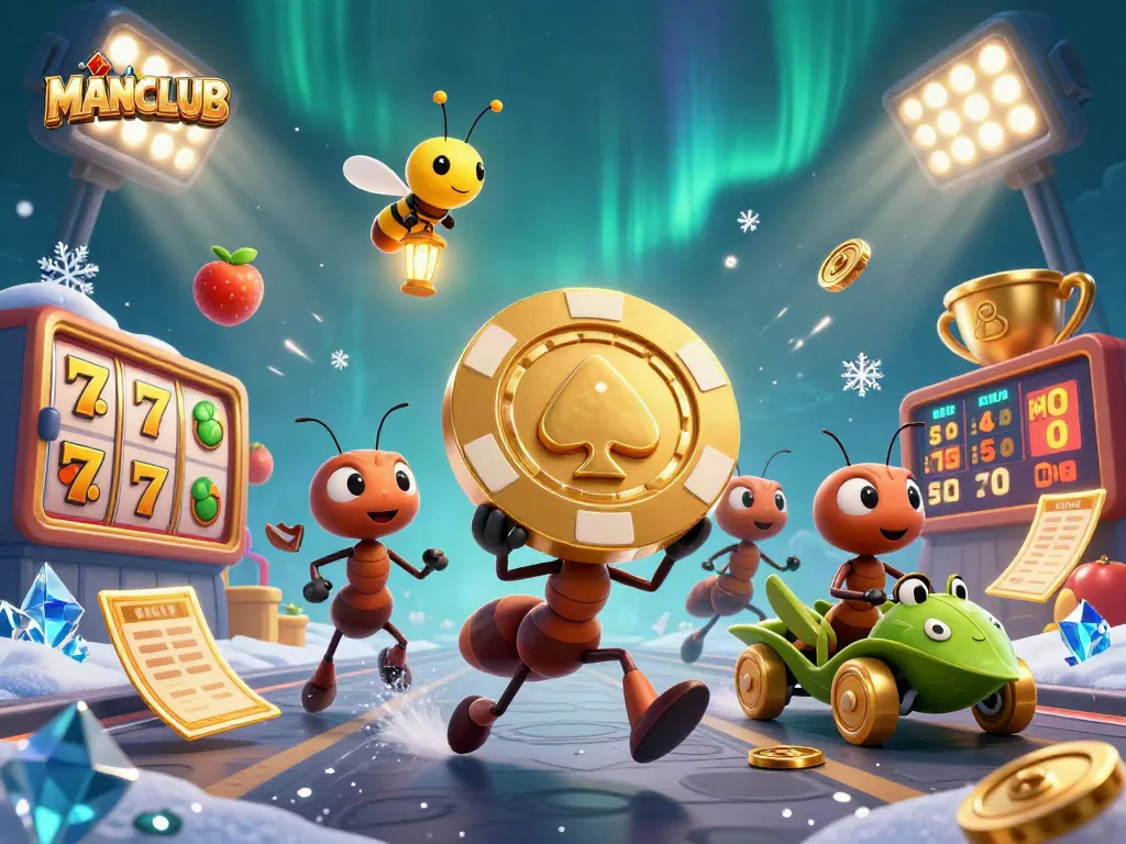 Catch the MANCLUB heist with ants, a poker chip, and vibrant casino elements in action!