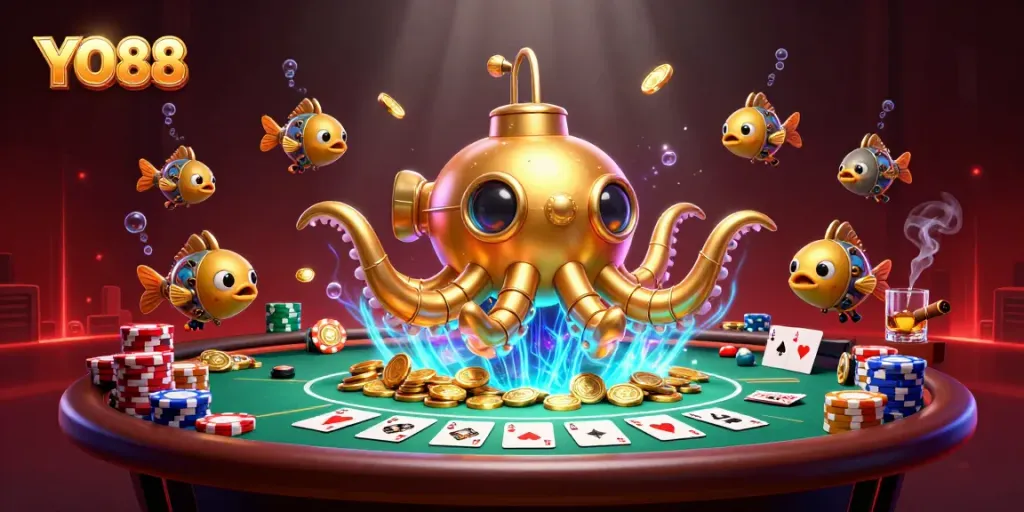 Engage in thrilling gaming action with YO88, featuring a golden kraken submarine in a vibrant casino scene.
