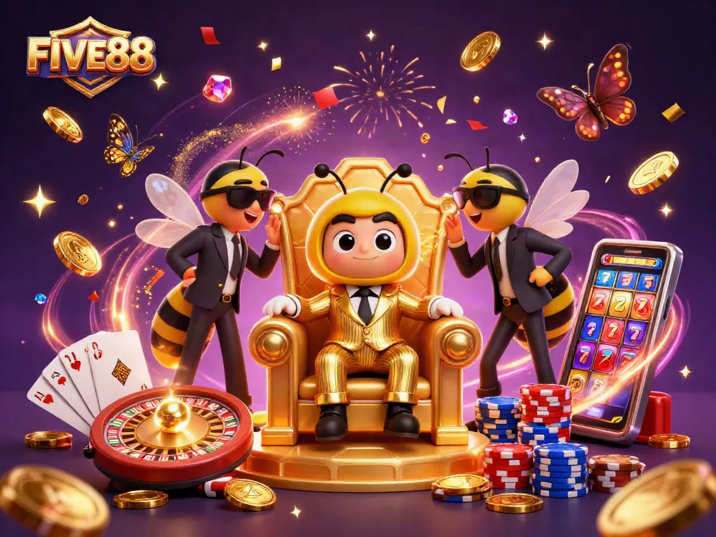 Experience the vibrant world of FIVE88 Casino with lively characters and dynamic gaming elements.
