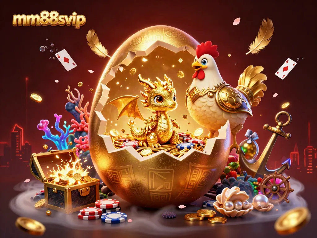 Win big at mm88svip with the golden dragon and treasure filled illustration, showcasing a lively casino scene.