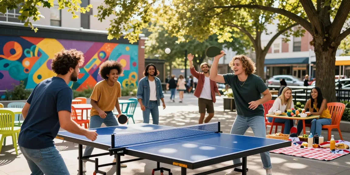 Friends enjoying a game of table tennis in the park, illustrating the spirit of rokok88 lifestyle.