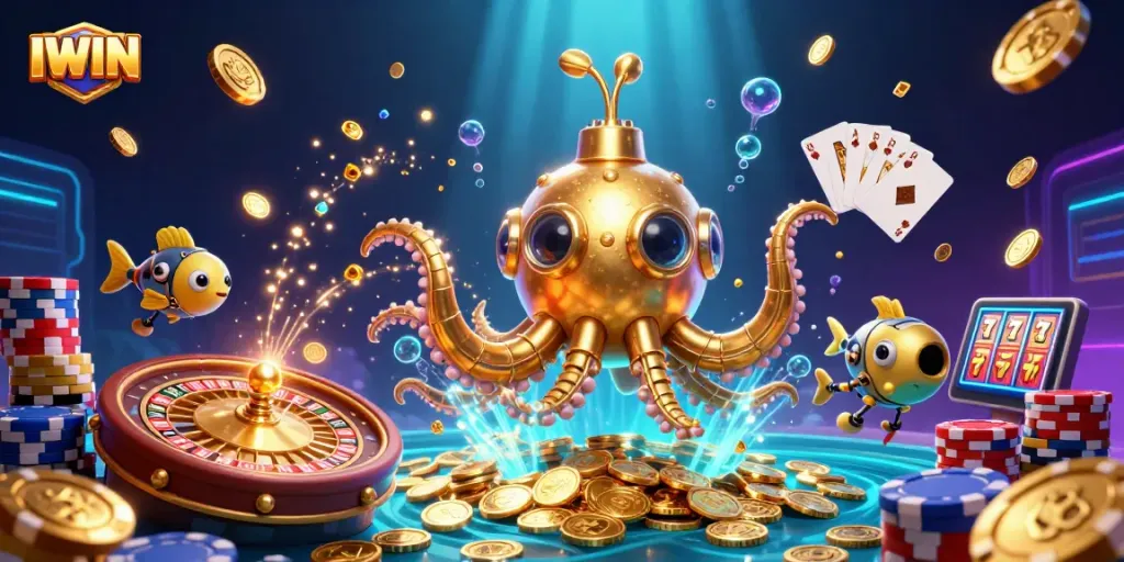 IWIN enriching gameplay with the golden kraken submarine amidst spinning roulette wheels and dazzling coins