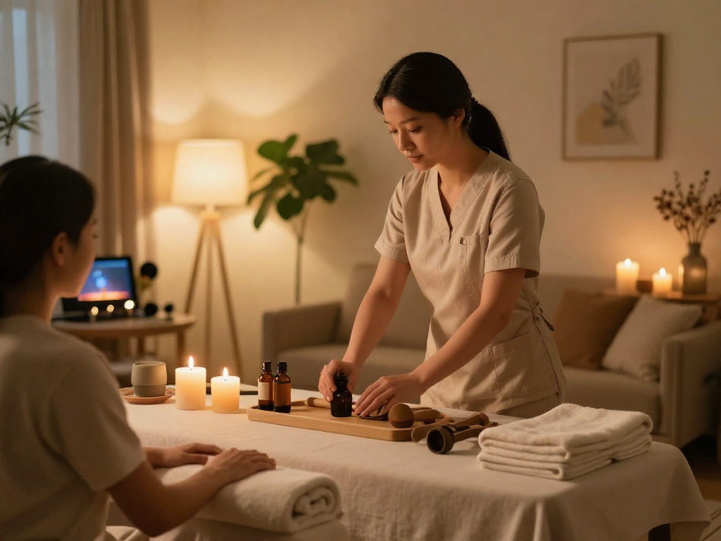 강남출장안마 in a serene home massage setting with a professional therapist ready for relaxation.