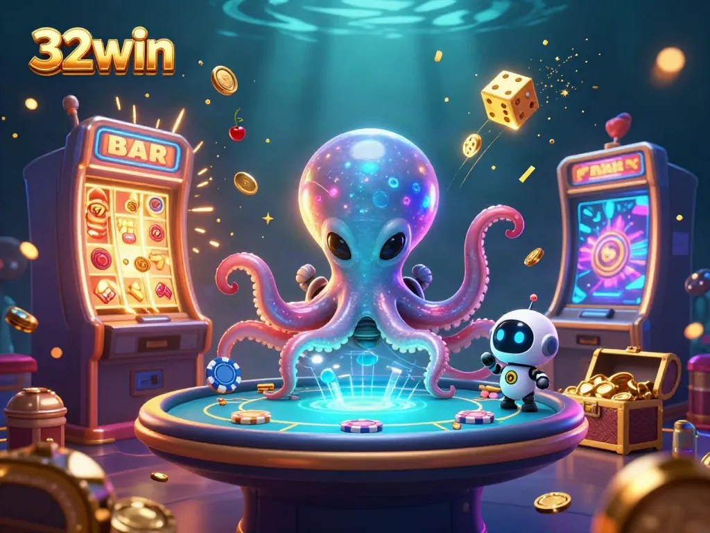 Experience the excitement of 32win with alien octopus and robot at a casino table!