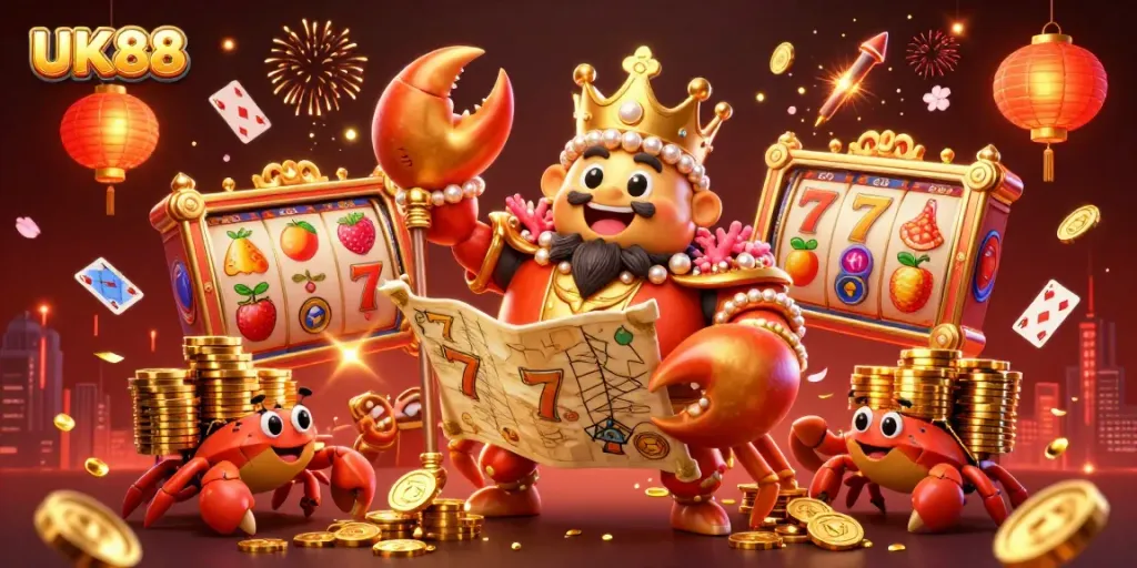 Experience the dynamic thrill of UK88 casino with vibrant slot games, golden crab emperor, and action-packed elements.