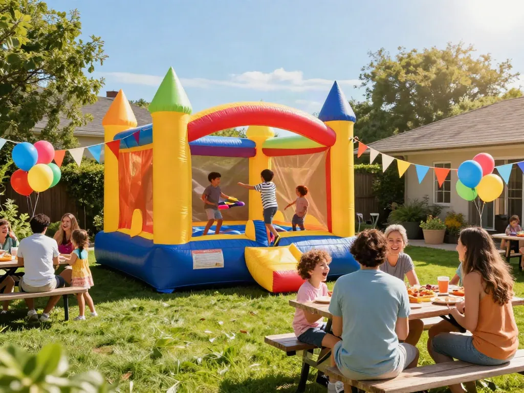 Children having fun in a bounce house at a backyard party, surrounded by parents and festive decorations.