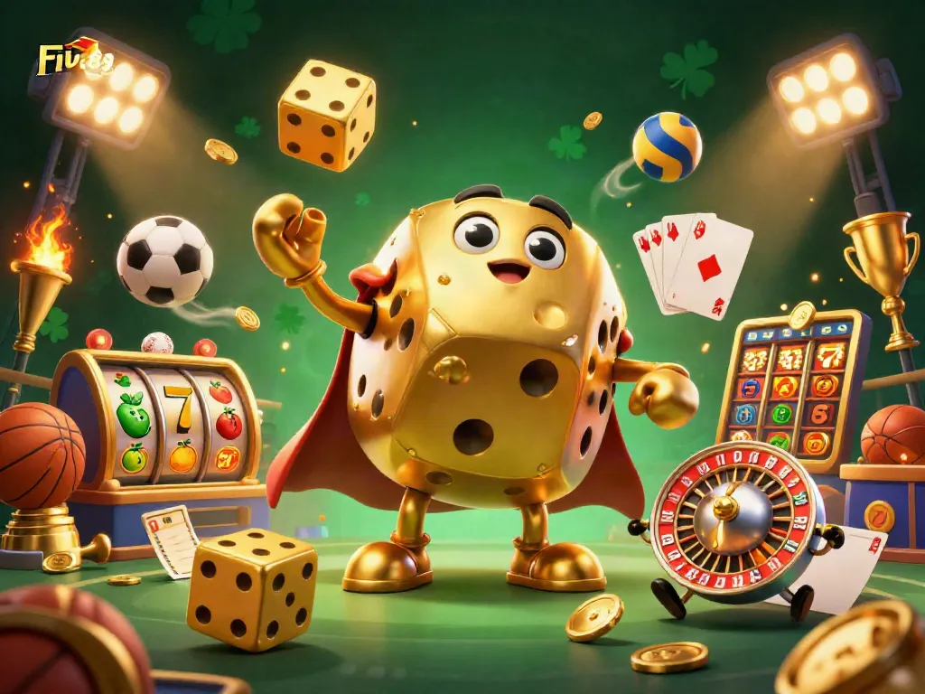 Join the excitement at FIVE88 with golden dice and dynamic gaming elements in a vibrant casino scene.