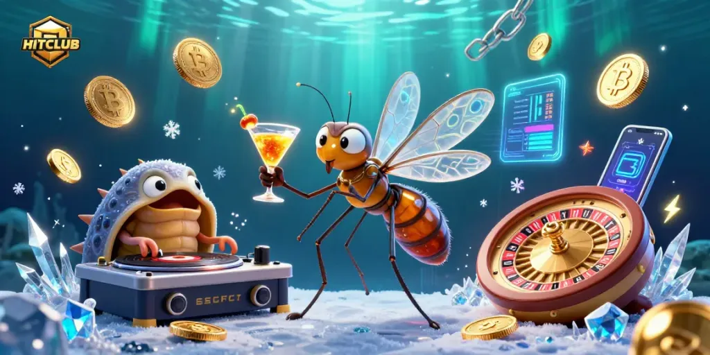 Experience the excitement of HITCLUB with a vibrant casino scene showcasing unique 3D characters and elements.
