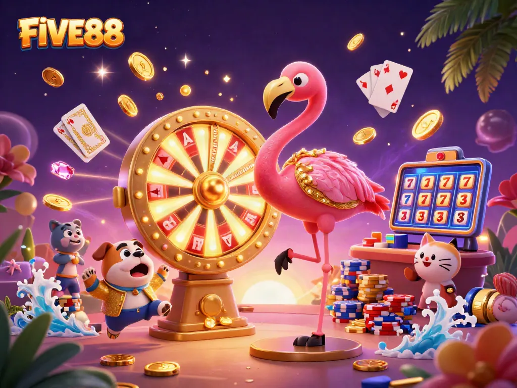 Engage with FIVE88 gaming excitement in a vibrant 3D casino scene filled with treasures.