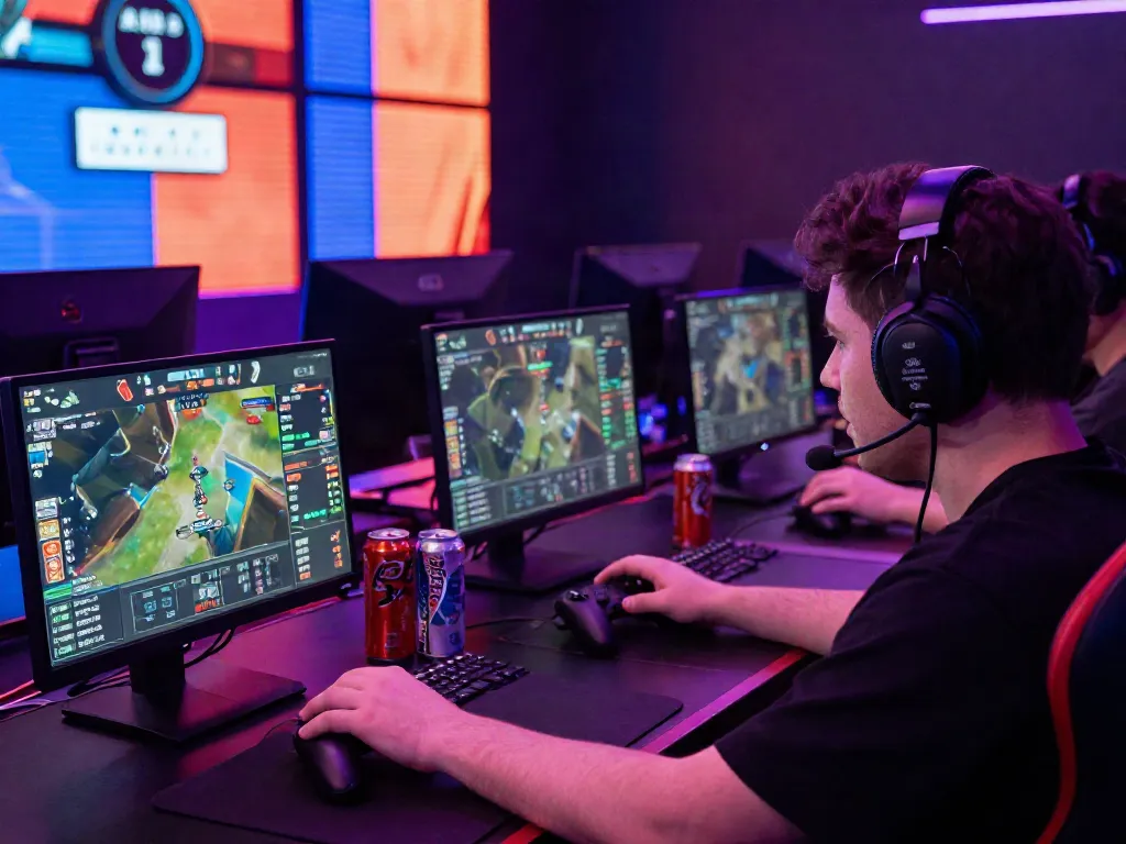 Esports betting experience at https://fc88v1.com/ with gamer and multiple screens displaying live odds.