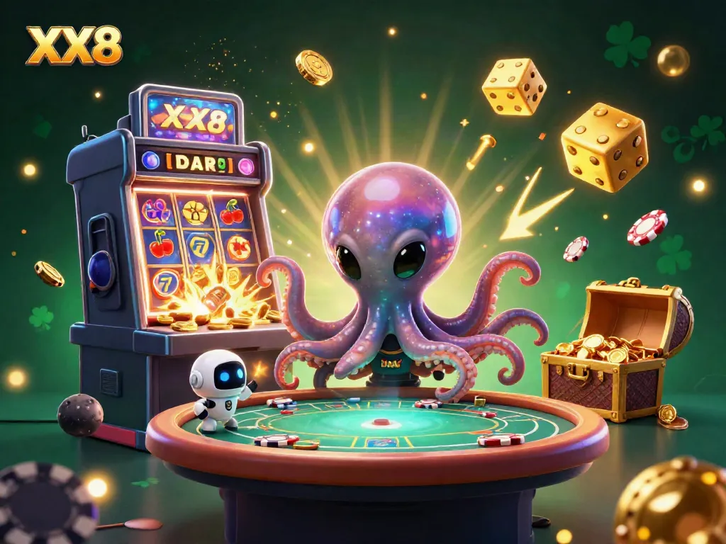Experience the thrill of XX8 with an alien octopus handling a holographic poker table amidst dazzling casino elements.