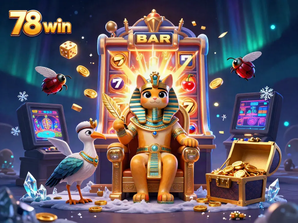 Experience thrilling moments of 78 win casino games with dynamic slots, coins, and Egyptian mascots.