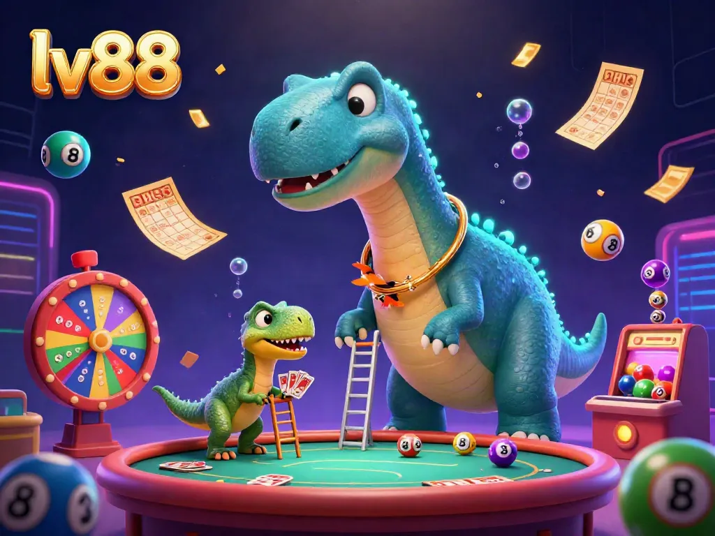 Experience the vibrant energy of lv88 with a whimsical illustration of a dinosaur casino, highlighting thrilling games and rich rewards.