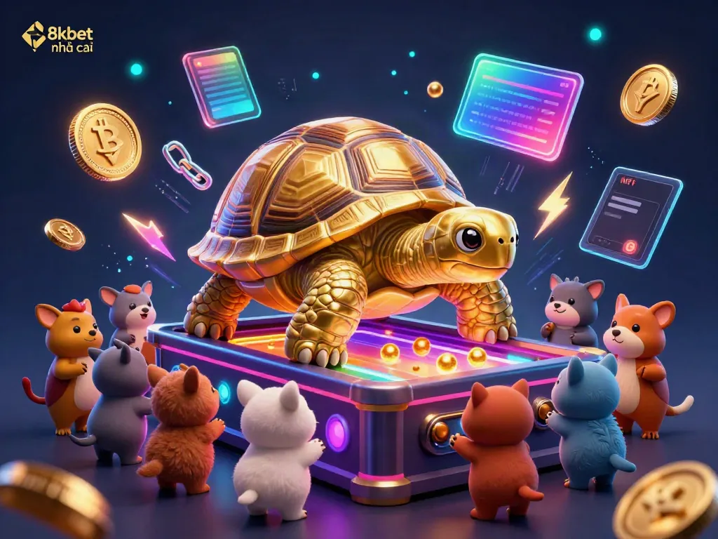 Engage with live gaming at 8xbet nhà cái featuring a golden tortoise pinball machine alongside colorful crypto elements.