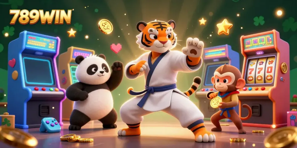 Engage with thrilling gameplay at 789WIN, where a kung fu tiger and friends create excitement in a vibrant 3D casino world.