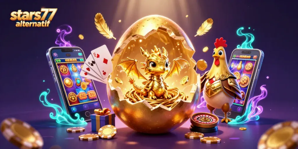 Menyajikan stars77 alternatif, naga kecil berbahan kristalisasi emas muncul dari telur emas di tengah chip poker.