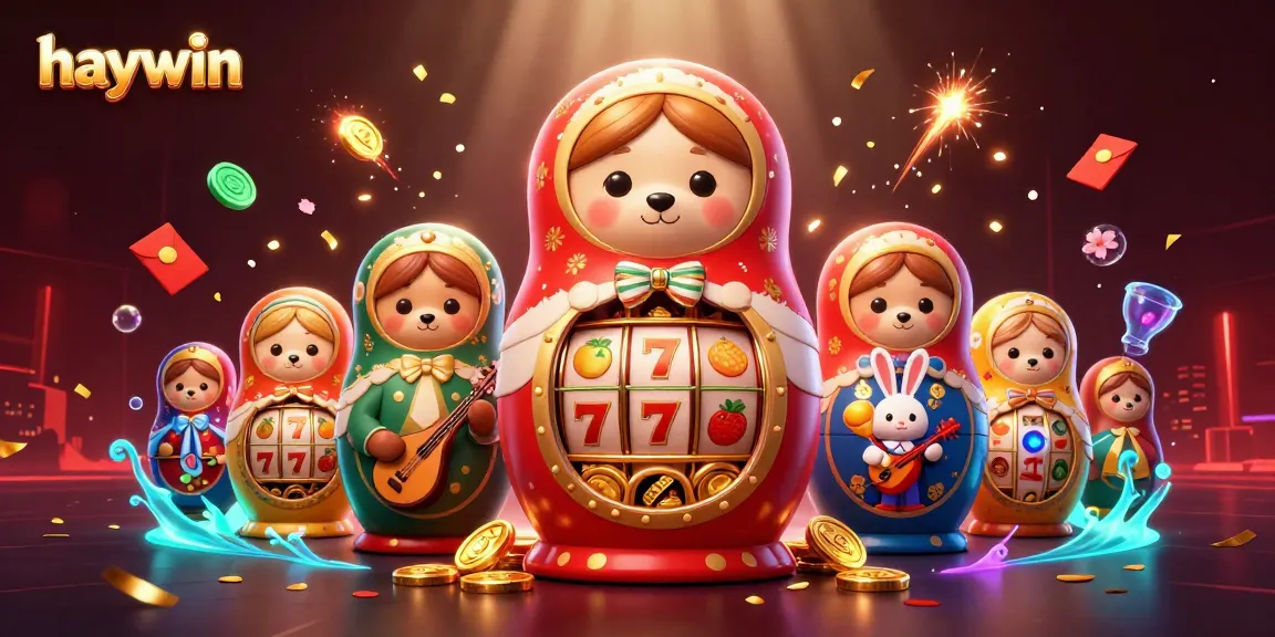 Experience the dynamic casino world of haywin with 3D bears, slot reels, and festive elements.