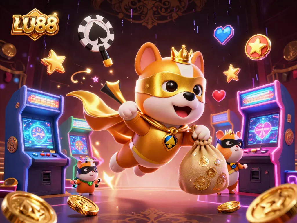 LU88 engages players with a lively casino scene featuring a superhero dog and games.