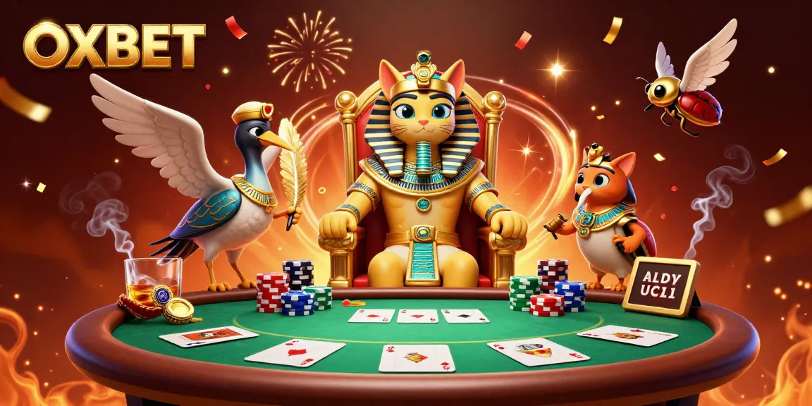 Experience the thrill of OXBET with a scenic 3D casino illustration showcasing a pharaoh cat and poker elements.