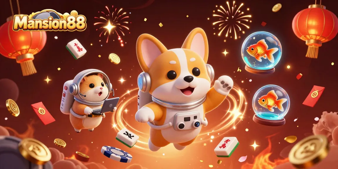 Experience the fun of Mansion88 online casino with this vibrant 3D illustration, featuring rich gaming elements and characters.