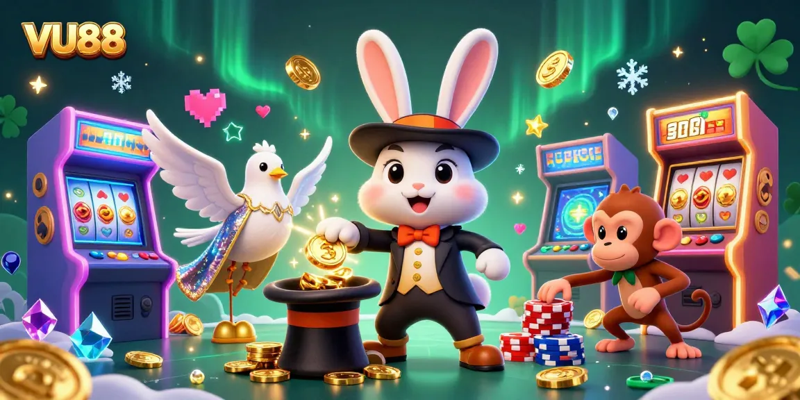 Enjoy VU88's exciting casino experience with a magician, dove, and monkey surrounded by dazzling game elements.