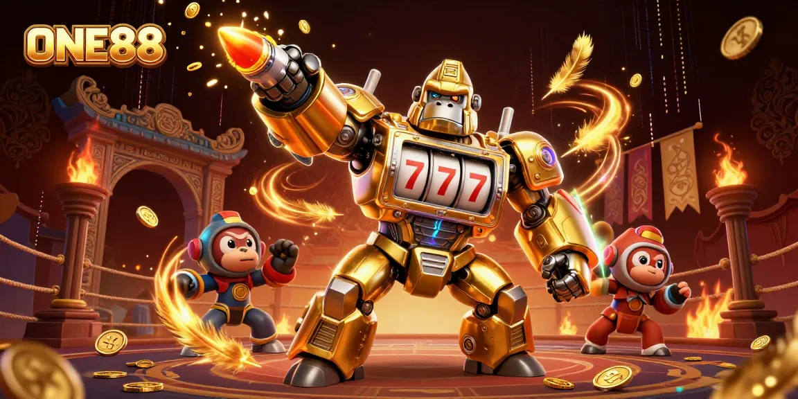 Engage with ONE88's dynamic gaming scene featuring a golden gorilla mech and slot elements.