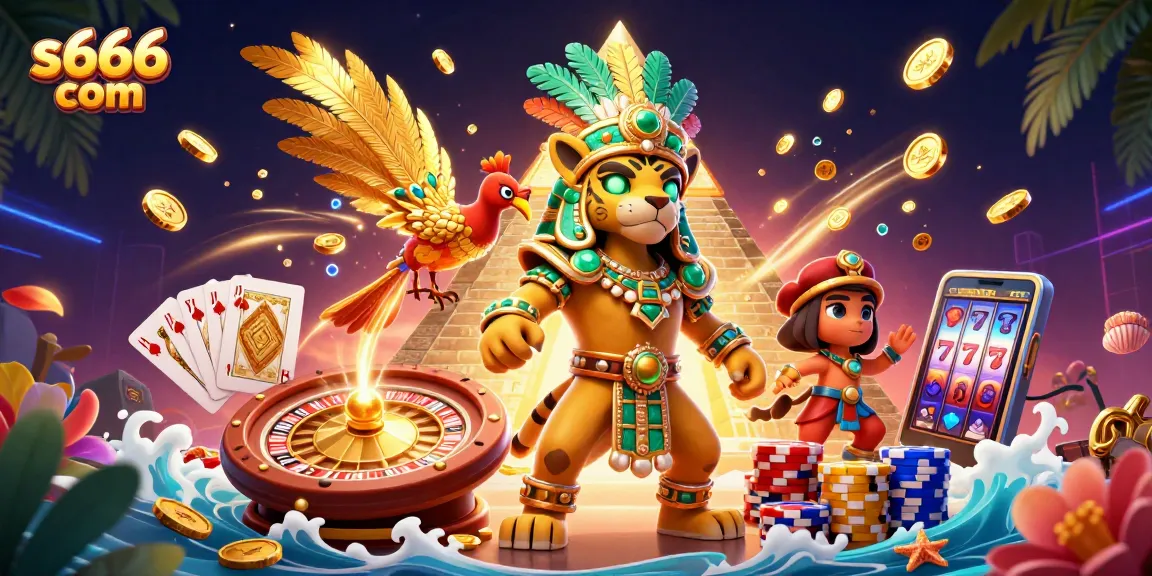 Win big with s666 com in a vibrant casino scene featuring colorful characters and dynamic game elements.