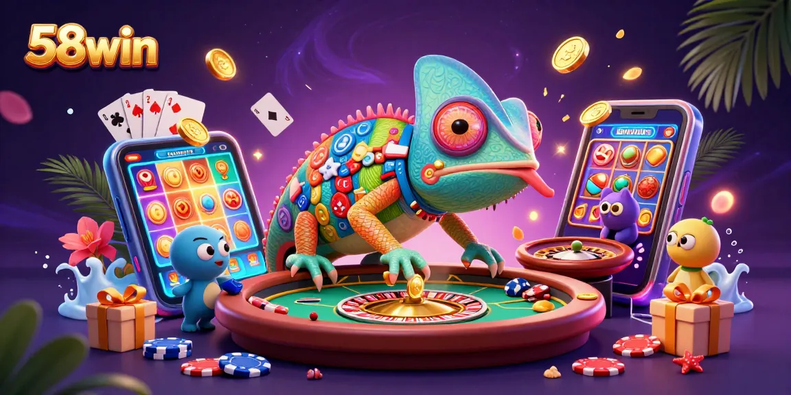 Experience the vibrant 58win casino scene through animated chameleons, coins, and games.