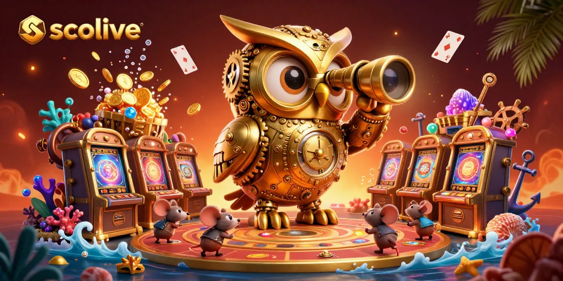 Socolive entertains viewers as cartoon owl scans a vibrant casino floor filled with playful mice.