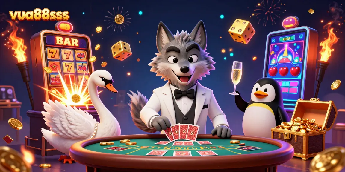 Engage in exciting gameplay at vua88sss with a vibrant 3D casino illustration featuring a debonair wolf, elegant swan, and sophisticated penguin.