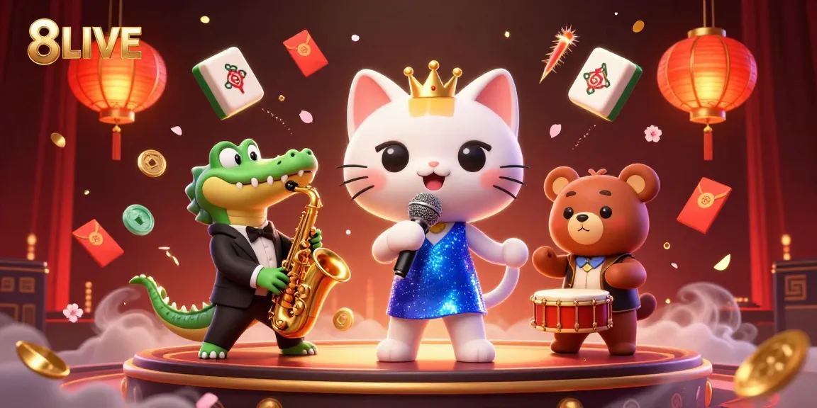 Engage in exciting casino action with 8LIVE, featuring vibrant characters in a dynamic scene.