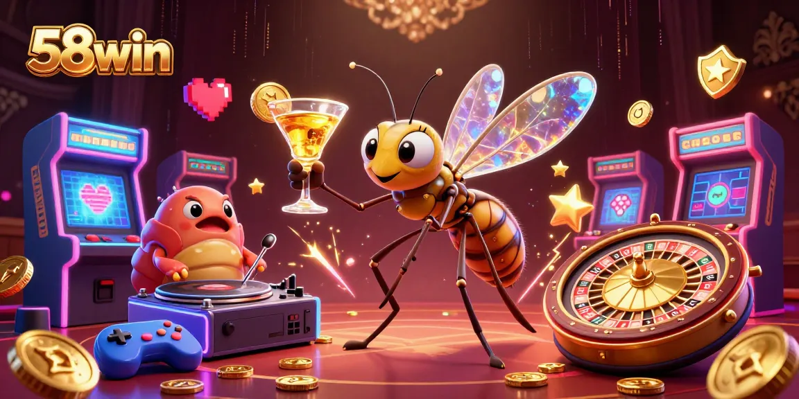 Experience the thrilling world of 58win with a dynamic digital casino scene filled with exciting game elements.