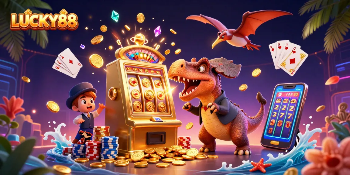LUCKY88 slot machine illustration showcasing a pachycephalosaurus winning jackpots amid cascading coins.