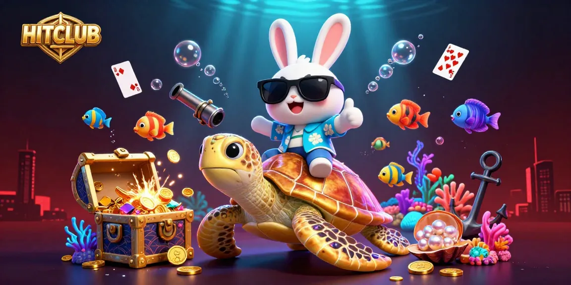 Experience HITCLUB's underwater adventure with a lucky rabbit on a golden turtle amid treasures and casino elements.