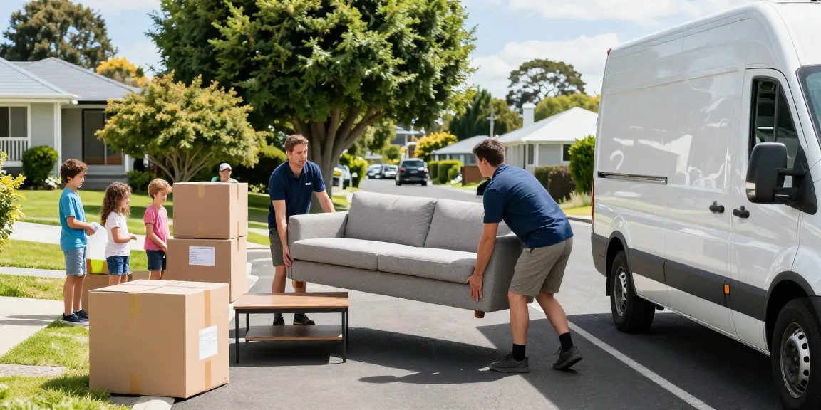 Tauranga movers handling furniture with care during a sunny moving day, showcasing professionalism and teamwork.