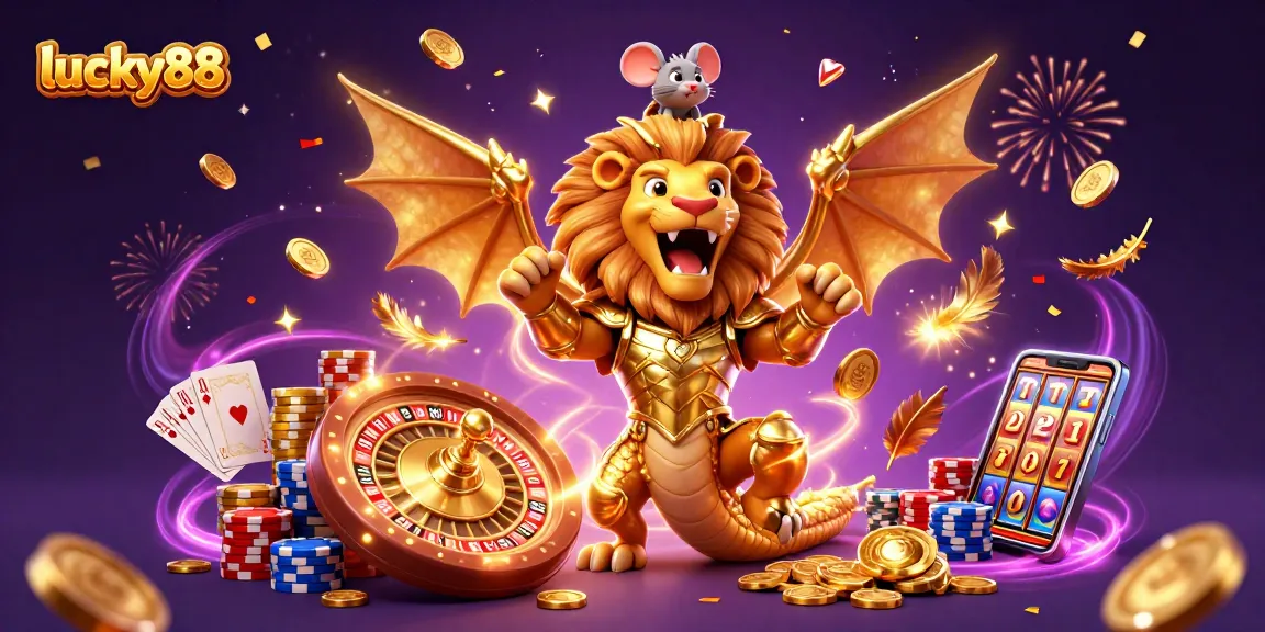 Experience the excitement of lucky88 with a vibrant 3D casino scene featuring cascading coins and comic characters.