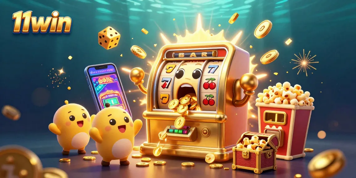 11win's golden slot machine hits a jackpot, coins exploding for excited gamers.