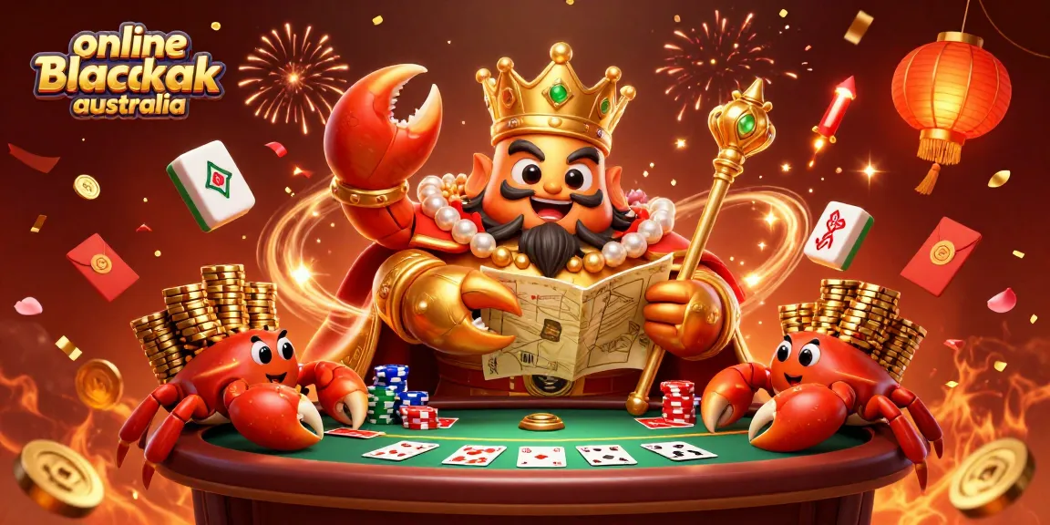 Experience thrilling online blackjack Australia with a vibrant scene of celebration featuring a golden crab emperor.