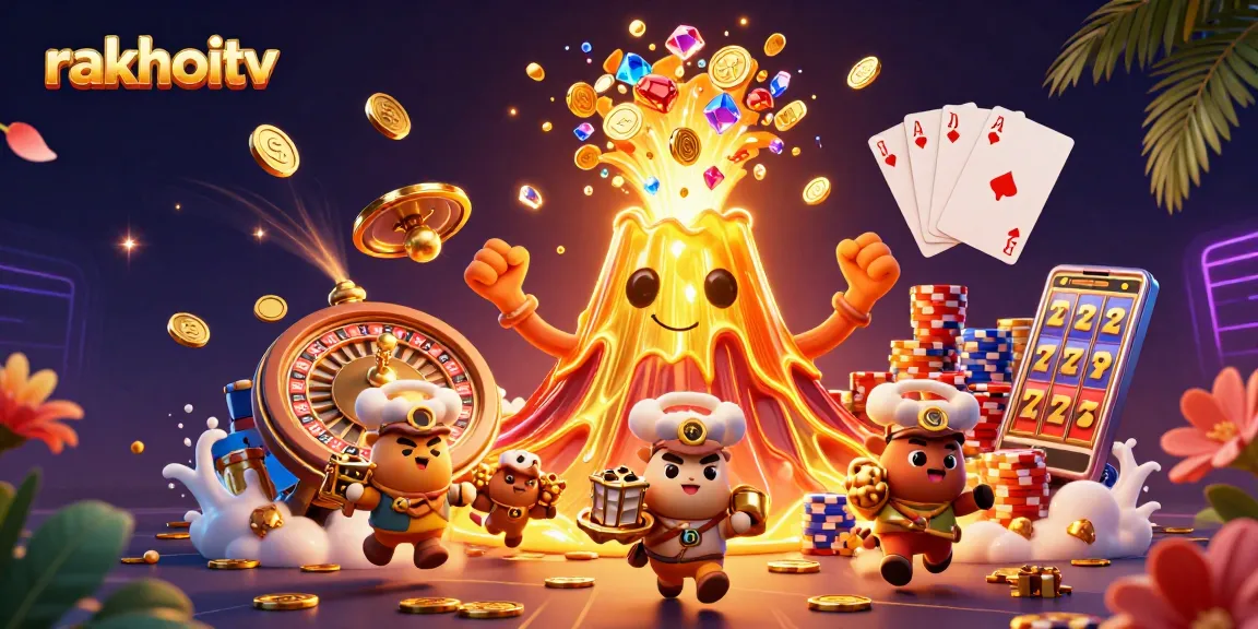 Experience rakhoitv with gaming excitement as gold erupts from a volcano in this vibrant 3D illustration.