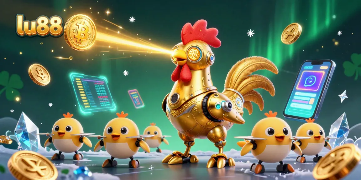 Engage in thrilling gameplay at lu88 with golden rooster robot and crypto elements illuminating the scene.