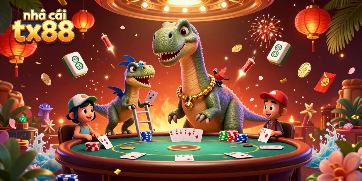Engage with nhà cái tx88 through thrilling poker excitement and vibrant casino elements in a lively 3D illustration.