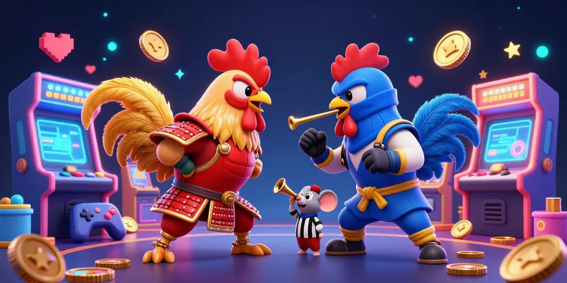 Aussie online pokies standoff with cartoon roosters, arcade games, and dynamic casino elements.